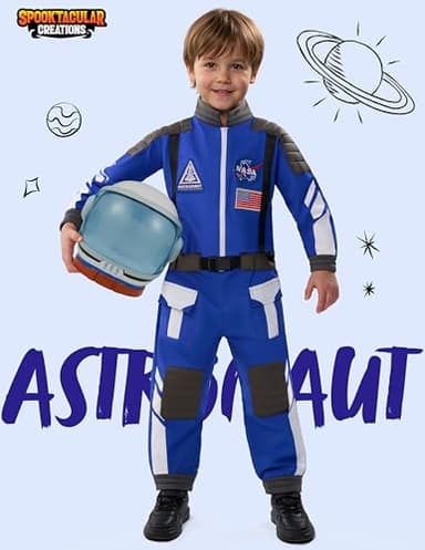 Spooktacular Creations Astronaut Costume with Helmet, Vintage Toddler Astronaut Outfit, BoysPilot Jumpsuit Costume Unisex for Halloween Dress Up Themed Parties, Blue, M - Image 2