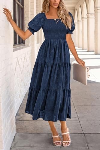 PRETTYGARDEN Women's 2026 Summer Casual Midi Dresses Square Neck Short Sleeve Smocked A Line Floral Flowy Elegant Boho Dress - Image 7