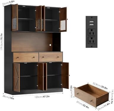 FINETONES 71" Pantry Cabinet with LED Light and Charging Station, Farmhouse Kitchen Pantry Cabinet with Microwave Stand, 47.2" Wide Kitchen Hutch Food Pantry with Open Countertop, Black/Brown - Image 4