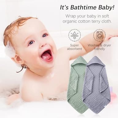 SWEET DOLPHIN Muslin Hooded Baby Bath Towels - 2 Pack 100% Cotton Towel for Babies, Infants, Toddlers - 32x32Inch - Highly Absorbent and Newborn Essential, Green and Grey - Image 3