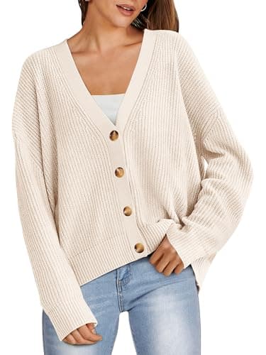 ANRABESS Women Cardigan Sweaters 2024 Fall Oversized Button Open Front Knit Lightweight Cardigans Fall Outfits Outerwear Beige Medium - Image 1