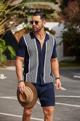 COOFANDY Men's Short Sleeve Knitted Set 2 Piece Vintage Polo Outfits Button Down Casual Suit - Image 4