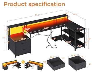 ODK L Shaped Desk with File Drawer, 75" Reversible L Shaped Computer Desk with Power Outlet & LED Strip, Office Desk with Storage Shelves, Gaming Desk with Monitor Shelf, Corner Desk, Black - Image 3