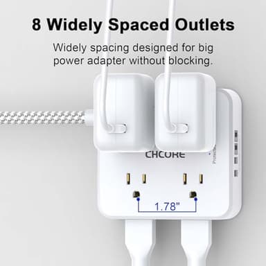Surge Protector Power Strip - CHCORE 5Ft Braided Extension Cord with 8 Outlets with 4 USB (2 USB C) Charging Ports, Flat Plug Multi Plug Outlet Extender Charging Station for Home Office, ETL, White - Image 4