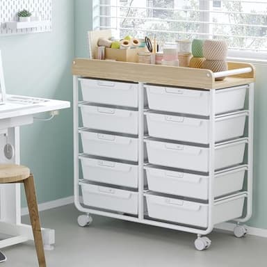 Rolling Storage Cart with 10 Large Drawers, Utility Cart with Wooden TableTop for Craft Organizers, Art Supply Storage, Home Office Organization, Cart with Wheels for Classroom, School, White - Image 9