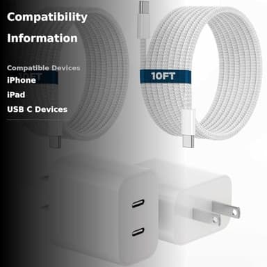 iPhone 16 15 Charger, 2Pack PD Dual USB C Charger Block Fast Charging Wall Charger Plug with 10FT Long USB C to C Charger Cord Woven Cable for Apple iPhone 16/16 Plus/16 Pro/16 ProMax/15/15ProMax/iPad - Image 3