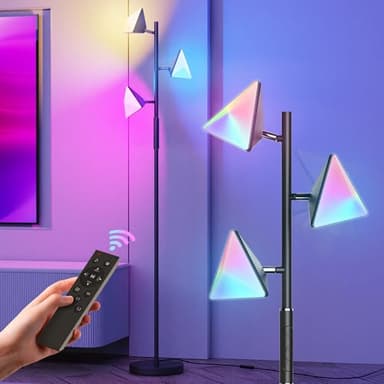 QiMH RGB Floor Lamp for Living Room, 36W LED Standing Lamp with 3 Lights, Dimmable Smart Lamp with Remote & Touch Control, Colors Changing& DIY Mode, Modern Tree Tall Lamp for Bedroom, Black - Image 1