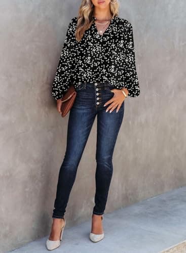 Dokotoo Womens Juniors Summer Tops 2025 Fashion Trendy Casual Dressy Fall Outfits Smocked Long Sleeve T Shirts Alicia Flower Print V Neck Business Work Tunic Bohemian Floral Top Medium Black - Image 4