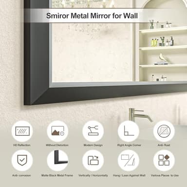 SMIROR Matte Black Bathroom Mirror for Over Sink 55x 40 inch, Metal Thick Frame Rectangle Vanity Mirror for Wall, Anti-Rust, Horizontally or Vertically Mounted - Image 3