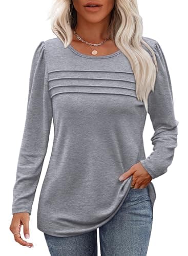 OFEEFAN Ladies Tops and Blouses Long Sleeve Shirts Business Casual Blouses Pleated Front Plus Size Sweaters Lightweight Light Grey XL - Image 1