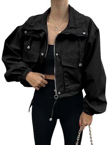 Tankaneo Womens Cropped Jacket Zip Up Lightweight Oversized Utility Anorak Coat with Pockets - Image 2