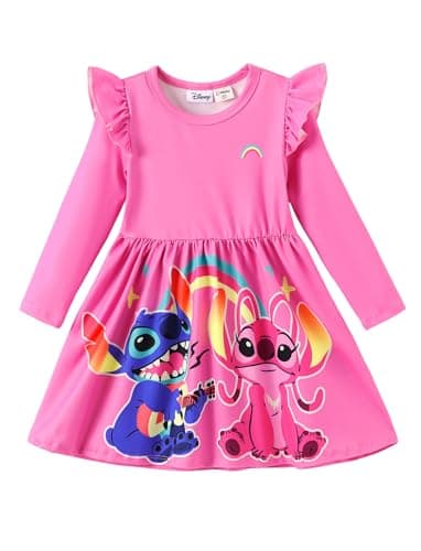 Disney Lilo & Stitch Toddler Dress Little Girls A-Line Ruffle Long Sleeve Casual Winter Fall Clothes Cute Kids Outfit Gift Party Costume Pink 3T - Image 1