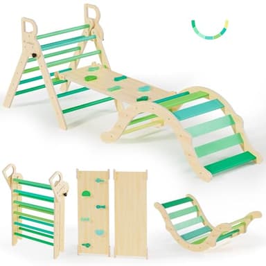 BlueWood Pikler Triangle Set, Toddler Wooden Climbing Toys Indoor 7in1 Foldable Climber for Kids, Montessori Philosophy Play Jungle Gym with Arch, Ramp, Ladder (Green Summer) - Image 1