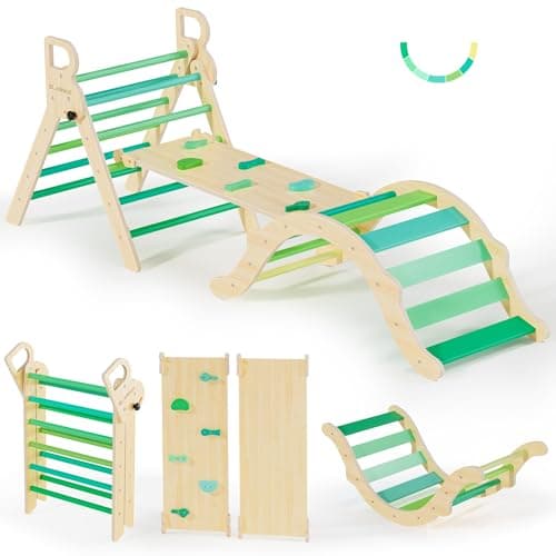 BlueWood Pikler Triangle Set, Toddler Wooden Climbing Toys Indoor 7in1 Foldable Climber for Kids, Montessori Philosophy Play Jungle Gym with Arch, Ramp, Ladder (Green Summer)