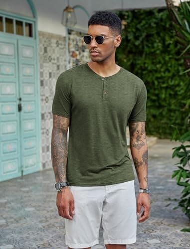 COOFANDY Men's Henley Short Sleeve Shirts Casual Button Henley Basic Tee Solid Fashion Shirts Dark Green - Image 2