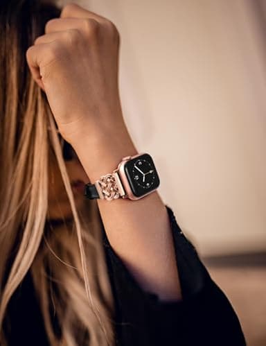 TOYOUTHS Compatible with Apple Watch Bands Women 38/40/41/42mm Dressy Slim Thin Leather Strap with Celtic Knot Interlock Buckle Bracelet for iWatch Series 11 10 9 8 7 6 5 4 SE 3 2 1, Black/Rose Gold - Image 5