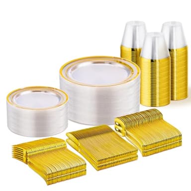 WELLIFE 300 PCS Clear Gold Dinnerware Set for 50 Guests, Clear and Gold Plastic Plates for Party, 50 Dinner Plates, 50 Salad Plates, 50 Cups Forks Knives Spoons for Wedding and Party Supplies - Image 1