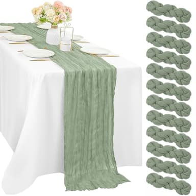 12 Pcs 10FT Sage Green Cheesecloth Table Runner 35 x 120 Inches Long Runner for Tables Gauze Fabric Boho Table Runner Decoration Rustic Sheer Runner for Wedding Baby Shower Birthday Party (Sage Green) - Image 1