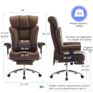 Big and Tall Ergonomic Office Chair 450LBS with Foot Rest, High Back PU Leather Executive Chair with Adjustable Padded Armrests, Lumbar Support for Home or Work, Heavy Duty Computer Chair, Brown - Image 2
