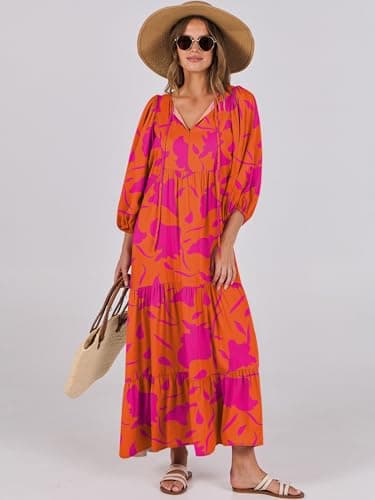 ANRABESS Womens Boho Maxi Dresses 2025 Summer V Neck Puff Sleeve Floral Flowy Swing Casual Long Dress Orange Rose Floral XX-Large - Image 7