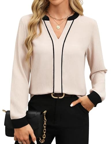 Fayenne Womens Long Sleeve Tops Dressy Casual V Neck Color Block Business Casual Outfits Work Blouses Office Shirts Apricot - Image 1