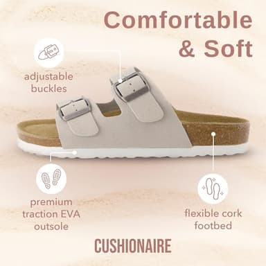 CUSHIONAIRE Lane Cork Footbed Sandals for Women – Comfortable Double Buckle Slip-On with Genuine Suede Footbed & Arch Support Slides for Women Footwear, STONE 10 - Image 4