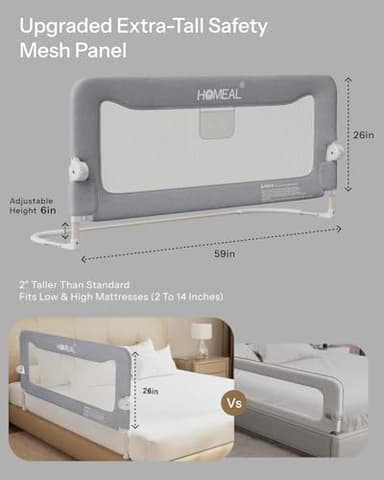 HOMEAL Bed Rail for Toddlers, 59in Foldable Toddler Bed Rails with U-Shape Base, Baby Bed Rail Guard for Twin Size, Full Size, Queen Size, King Size Beds, Toddler Bed Rail Guard, Grey - Image 3