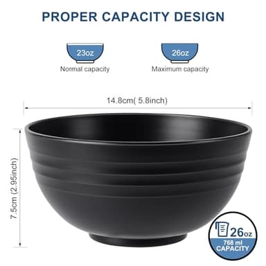 HOTEC BPA Free Unbreakable Wheat Straw Cereal Bowls - Microwave & Dishwasher Safe Soup and Salad Bowls, Set of 8, 26oz, Black - Image 2