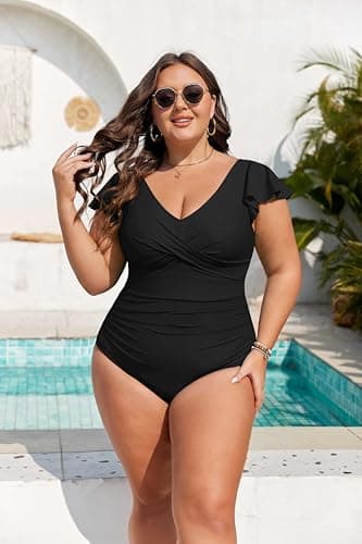 B2prity Women's Plus Size One Piece Swimsuit Tummy Control Ruffle Bathing Suit V Neck High Waist Wrap Swimwear Black - Image 3