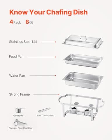 VEVOR Chafing Dish Buffet Set, 8 Qt 4 Pack, Stainless Steel Chafer with 4 Half Size Pans, Rectangle Catering Warmer Server with Glass Lid Water Pan Folding Stand Fuel Holder, for Wedding Party Banquet - Image 5