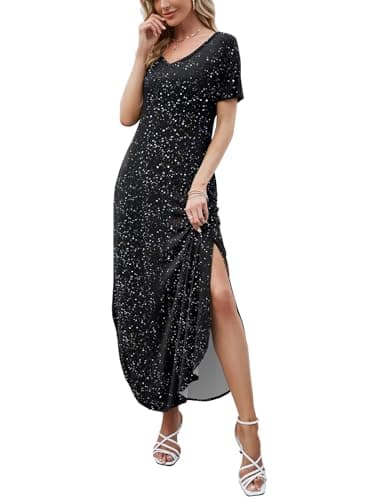HUSKARY Women's Summer Maxi Dress Casual Loose Pockets Long Dress Short Sleeve Split-Foil Silver - Image 5