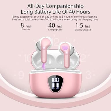 Wireless Earbuds, Bluetooth 5.4 Headphones HiFi Stereo, Bluetooth Earbuds with ENC Noise Cancelling Mic, IP7 Waterproof in Ear Earphones, 48H, LED Display Ear buds for Pad Phone Workout Sports, Pink - Image 4