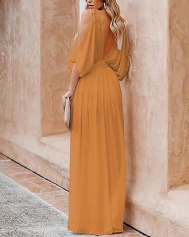 DEEP SELF Women's Sexy Cold Shoulder Maxi Dress Summer V Neck Backless Split Wedding Guest Flowy Long Dress Orange - Image 5