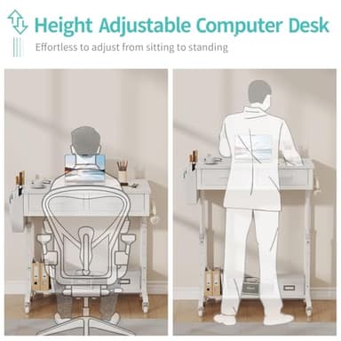 Small White Portable Rolling Desk - 32 Inch Adjustable Mobile Standing Teacher Desks with 2 Fabric Drawers on Wheels, Couch Sofa Side Laptop Table with Storage for Bedroom Home Office, White - Image 6