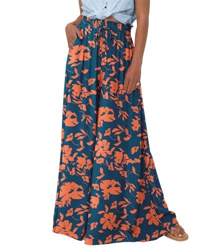 BTFBM Women Casual High Waist Wide Leg Pants 2025 Summer Fall Long Palazzo Pants Pocket Lounge Vacation Beach Trousers(Print Dark Blue Orange, Large) - Image 1