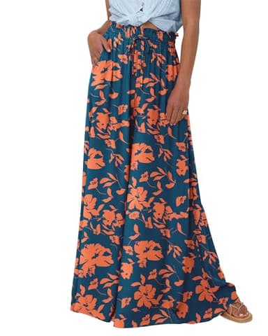 BTFBM Women Casual High Waist Wide Leg Pants 2025 Summer Fall Long Palazzo Pants Pocket Lounge Vacation Beach Trousers(Print Dark Blue Orange, Large) - Image 1