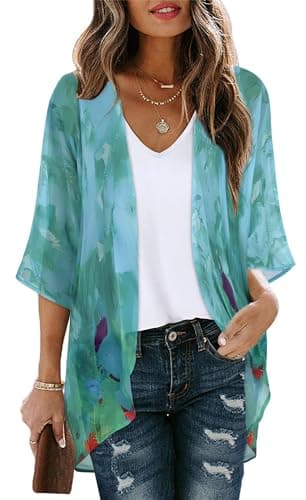 Womens Short Cardigans Casual Oversized Open Front Kimono Tops Bathings Suit Cover-ups (Teal Blue Print, 3XL) - Image 1