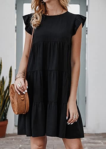 KIRUNDO Womens Dresses Summer Casual Sleeveless Ruffle Sleeve Round Neck Black Loose Short Flowy Pleated Mini Babydoll Dress (Black, Medium) - Image 4