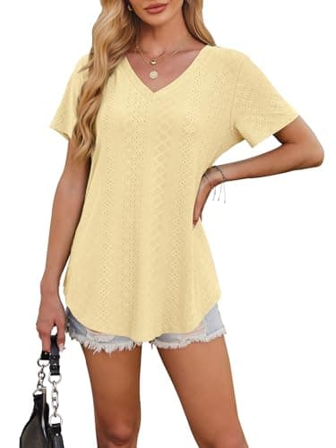 OFEEFAN Summer Tops for Women Trendy Loose Fit V Neck Curved Hem Long T Shirts Short Sleeve Ladies Tops and Blouses Summer Teacher Outfits for Women Clothes Yellow L - Image 4