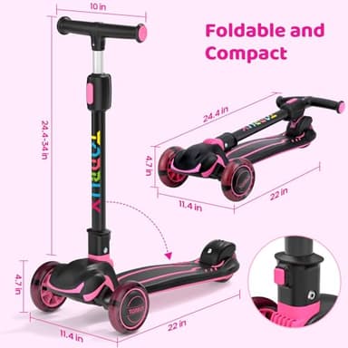 TONBUX Kids Scooter, Light Up 3 Wheel Kick Scooters for Kids 3-12, Folding Scooters with Adjustable Height - Toddler Scooter Lean-to-Steer & Widen Anti-Slip Deck - Rose Purple - Image 9