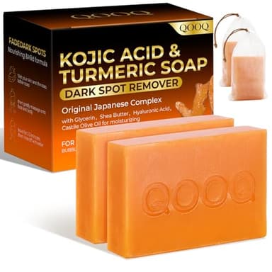 QOOQ Turmeric Kojic Acid Soap for Dark Spots Brightening – Face and Body Wash with Vitamin C, Retinol, Collagen, Vitamin E, Glycerin, Shea Butter & Castile Olive Oil – Soap for Women & Men (120g x 2) - Image 1
