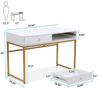 Tribesigns Computer Desk, Modern Simple 47 inch Home Office Desk Study Table Writing Desk with 2 Storage Drawers, Makeup Vanity Console Table, White and Gold - Image 3