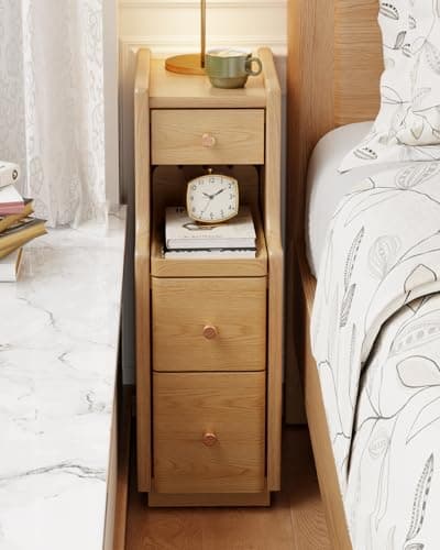 Narrow Nightstand with 3 Drawers,Solid Wood Small Nightstand Natural, Modern Small Bedside Tables for Bedroom(Fully Assembly) - Image 1