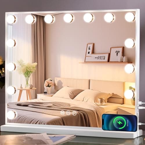MISAVANITY Vanity Mirror with Lights Tempered Galss Hollywood Vanity Makeup Mirror with 15 LED Bulbs 22.8"x 18.1" USB Charge Port and Dimmable 3 Color Lighting for Tabletop Wall-Mounted, White - Image 1
