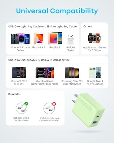 Anker iPhone 17/16 Charger, 2-Pack 20W Fast USB C Charger Block, for iPhone 17/16/16 Pro Max/15 Series/iPad Pro and More (Green, 2 Pack & 2 Cable) - Image 6
