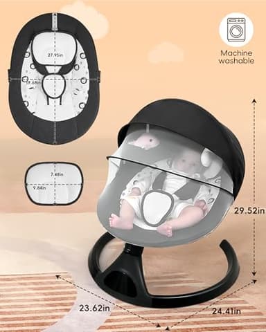 Electric Baby Swing for Infants to Toddler Portable Babies Swings Timing Function 5 Swing Speeds Bluetooth Touch Screen Music Speaker with 10 Preset Lullabies 5-Point Carabiner Black - Image 4