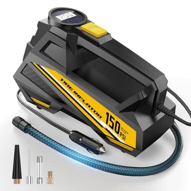 FLYKID Tire Inflator Portable Air Compressor - DC 12V Air Pump for Car Tires with 150PSI LCD Digital Gauge & Emergency LED Light,Auto Tire Pump for Cars,Motorcycles,Bikes,Balls (Large) - Image 1