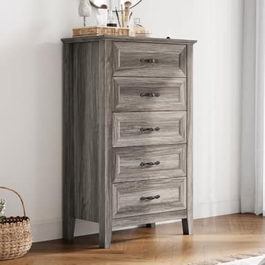LINSY HOME Farmhouse 5-Drawer Dresser - Grey Chest of Drawers for Bedroom and Living Room Organization, Wood Dresser with Ample Storage Space and Rustic Charm - Image 1