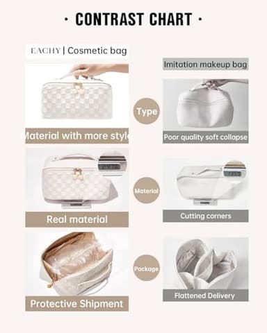 EACHY Travel Makeup Bag, Large Capacity Cosmetic Bags for Women, Waterproof Portable Open Flat Toiletry Bag Make up Bag with Divider and Handle, Gifts for Women (White-4, Medium) - Image 4