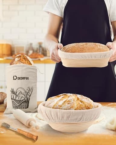 Sourdough Bread Baking Supplies Tools,10 Inch Oval & 9 Inch Round Banneton Bread Proofing Basket Set,Sourdough Starter Kit Gift for Bread Making (white with Starter Jar) - Image 8